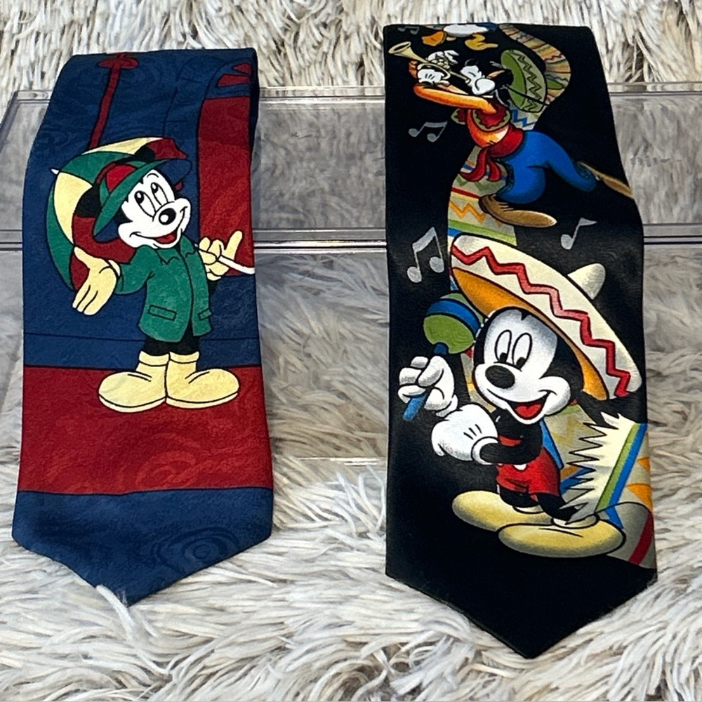 Vintage Disney Mickey Unlimited Lot/2 Neck Ties Pluto Donald Goofy Band‎ 80-90’s